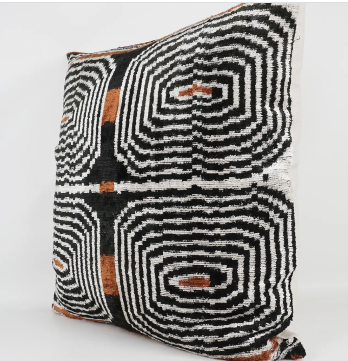 Graphic black/copper/white Silk velvet Ikat throw pillow-24"x24"