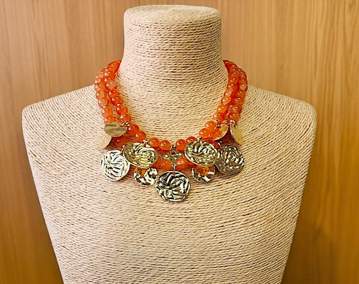 Beaded Amber Coin Statement Necklace