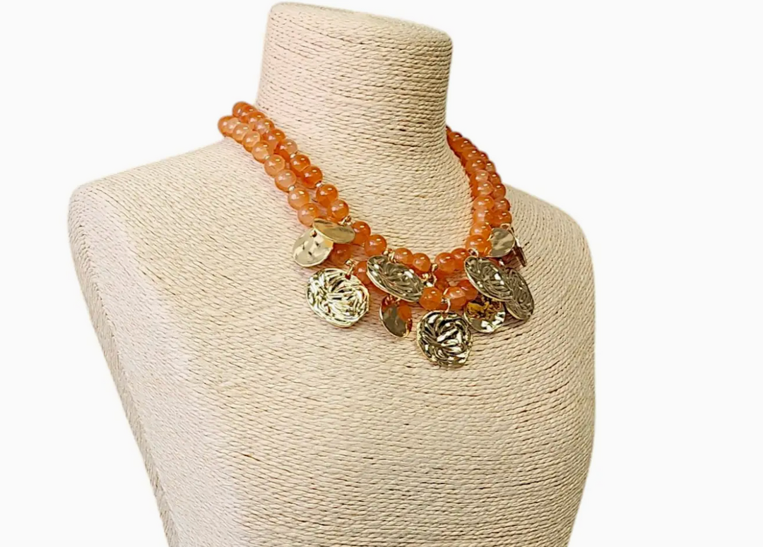 Beaded Amber Coin Statement Necklace