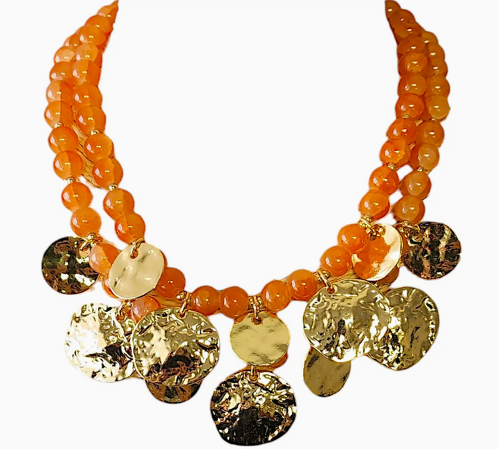 Beaded Amber Coin Statement Necklace
