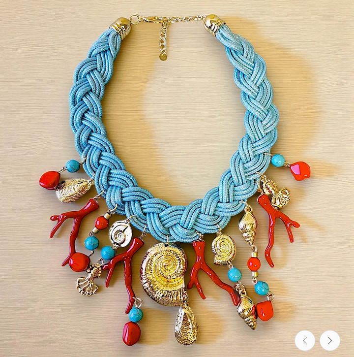 Shell Charm and Red Coral Collar Statement Necklace