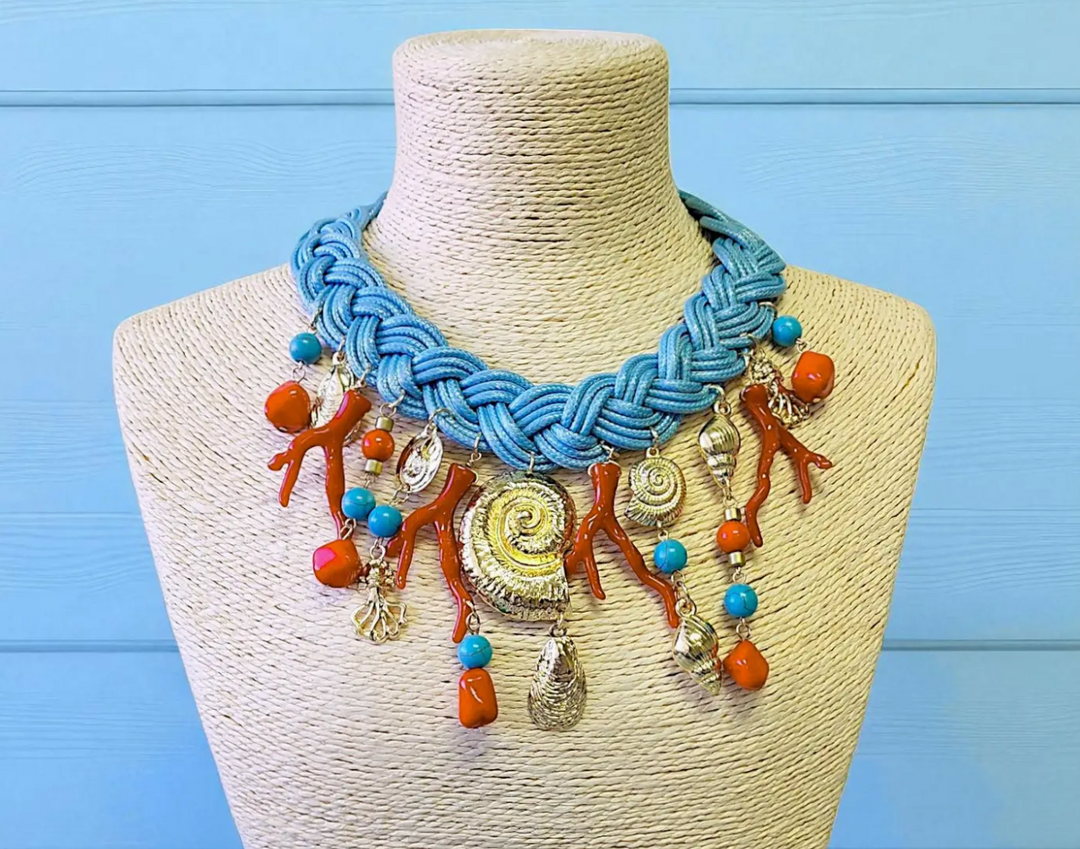 Shell Charm and Red Coral Collar Statement Necklace