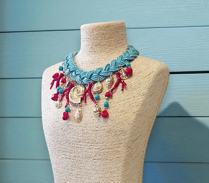 Shell Charm and Red Coral Collar Statement Necklace