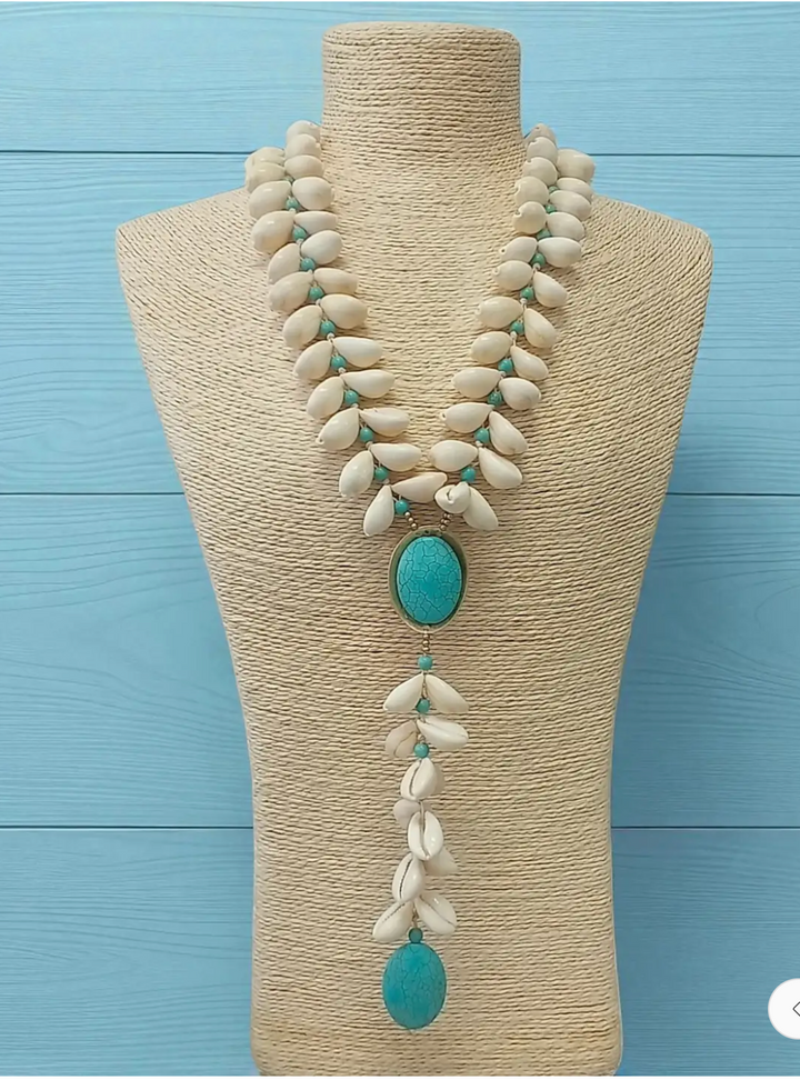 Chunky Shell and Turquoise Lariat Necklace