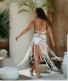 Crocheted Knit Cover Up with Fringed hemline-Cream
