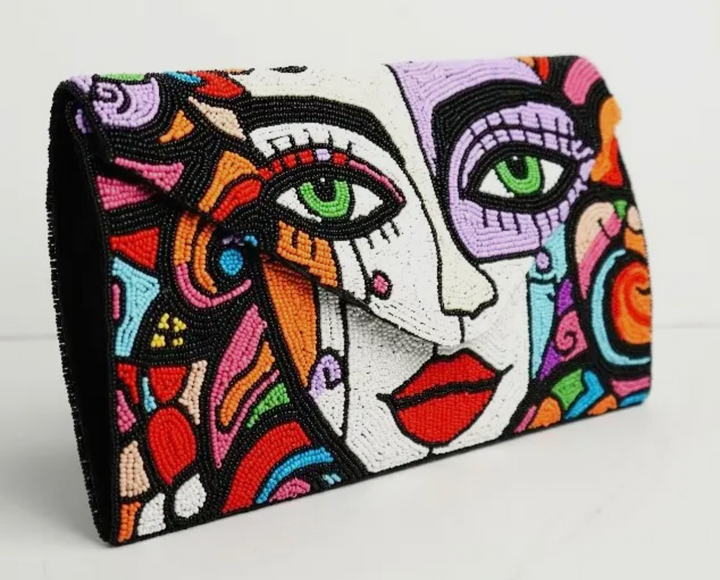 Hand Beaded Art Clutch-Abstract Face
