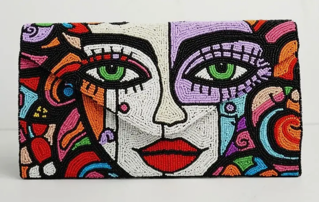 Hand Beaded Art Clutch-Abstract Face