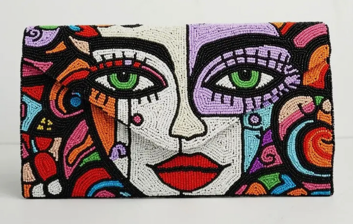 Hand Beaded Art Clutch-Abstract Face