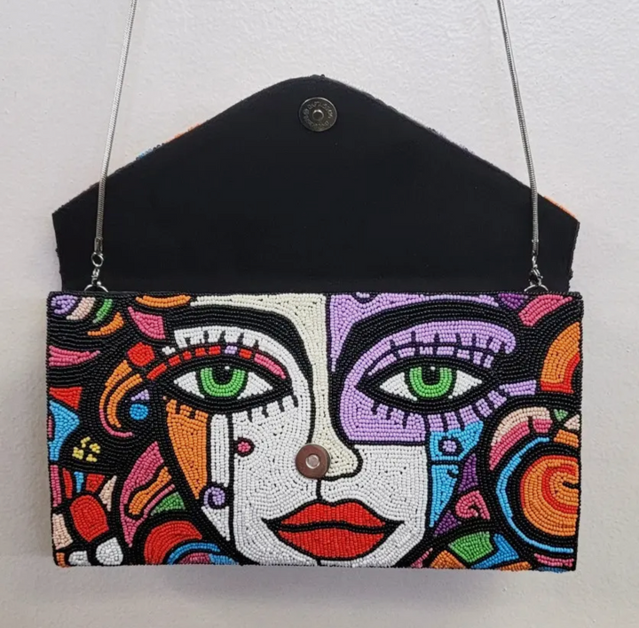 Hand Beaded Art Clutch-Abstract Face