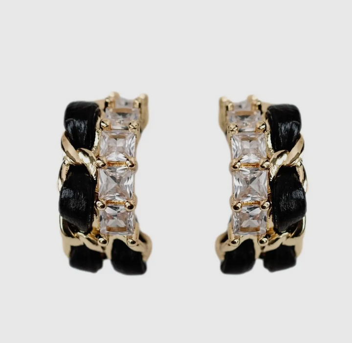 Black and Diamond Vintage Wrapped Leather Statement Hoop Earrings