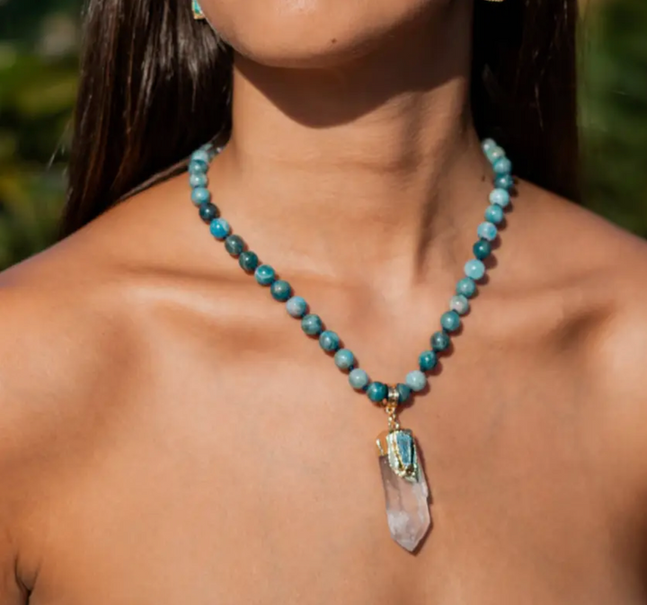 Natural Apatite Bead Necklace with Clear Quartz Pendant and Kyanite Detail