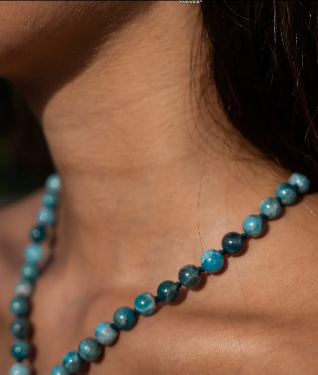 Natural Apatite Bead Necklace with Clear Quartz Pendant and Kyanite Detail