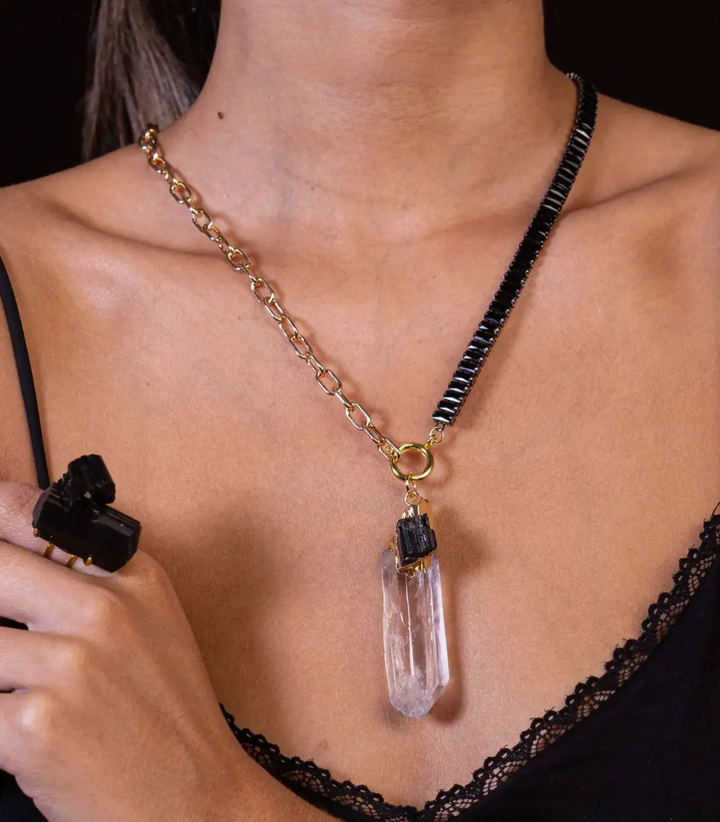 White Quartz and Black Tourmaline Necklace