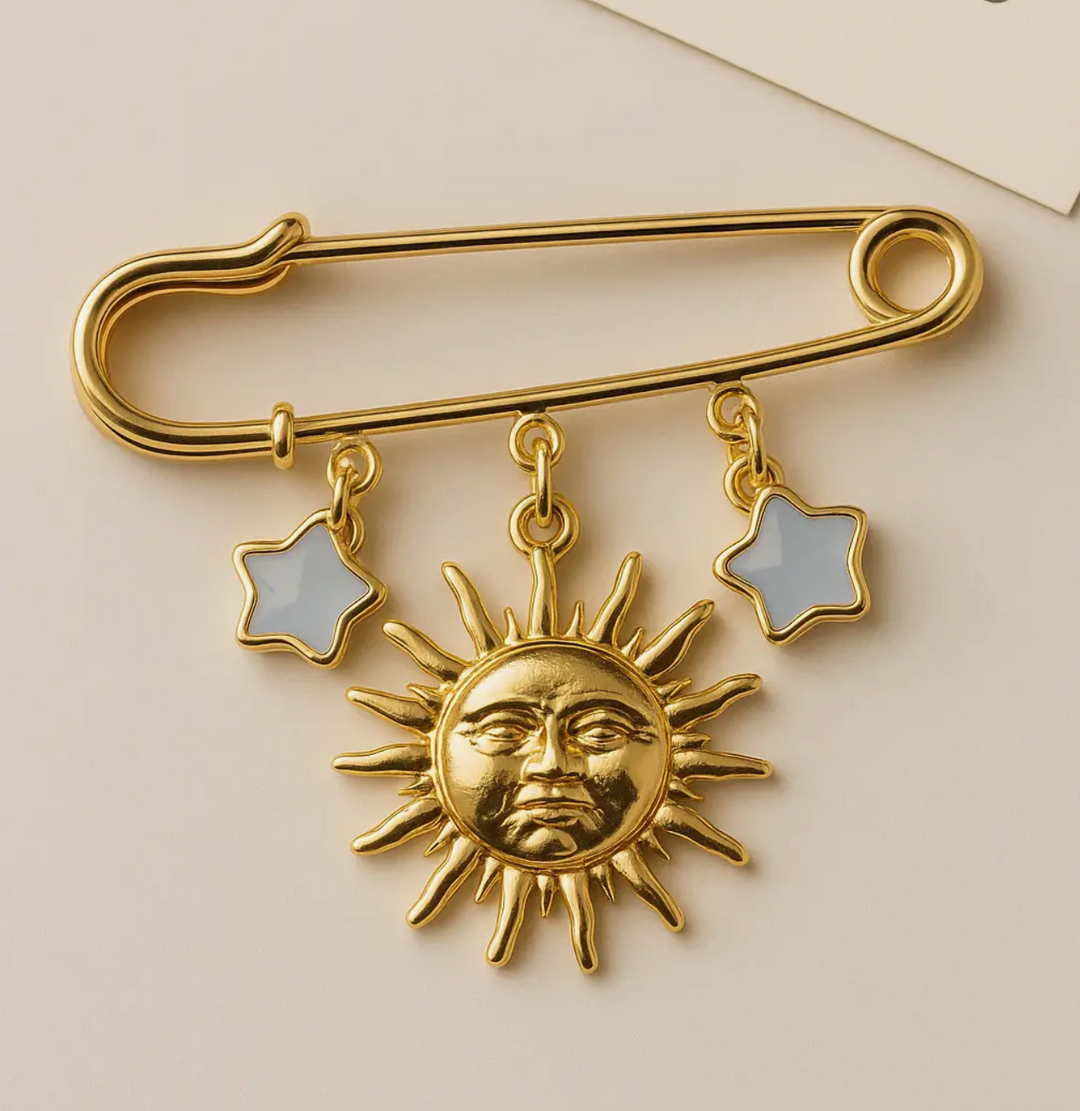 Brooch with Gold Sun and Aquamarine Stars