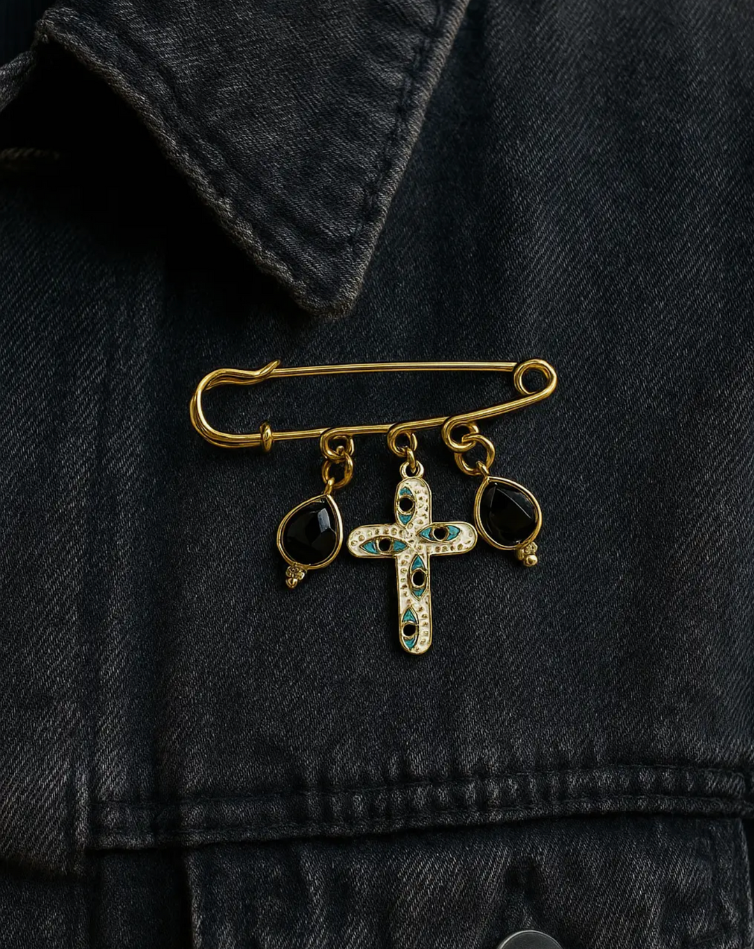 Brooch, Cross Eyed Evil Eye with Onyx Drops