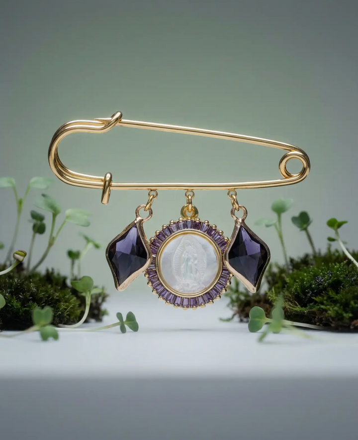 Brooch, Engraved Virgin Mary Medal with Amethyst Cubic Zirconia