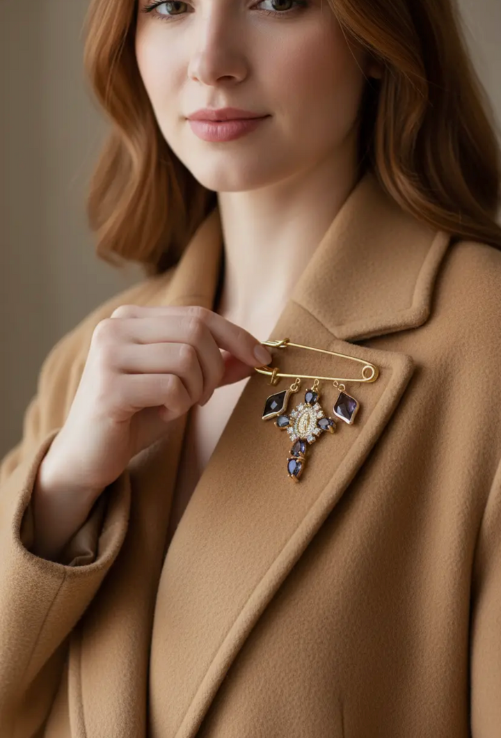 Brooch, Golden Cross with Purple Gems
