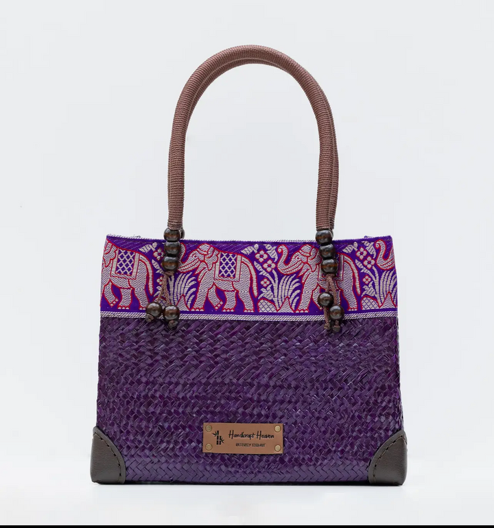 Hand Woven Straw Tote Bag/Purse-Grape