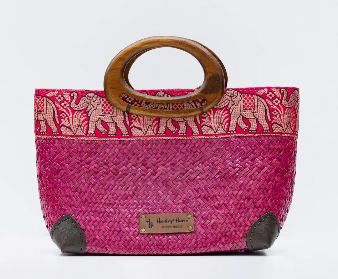 Hand Woven Thai Krajood Bag with Wooden Handle-Pink
