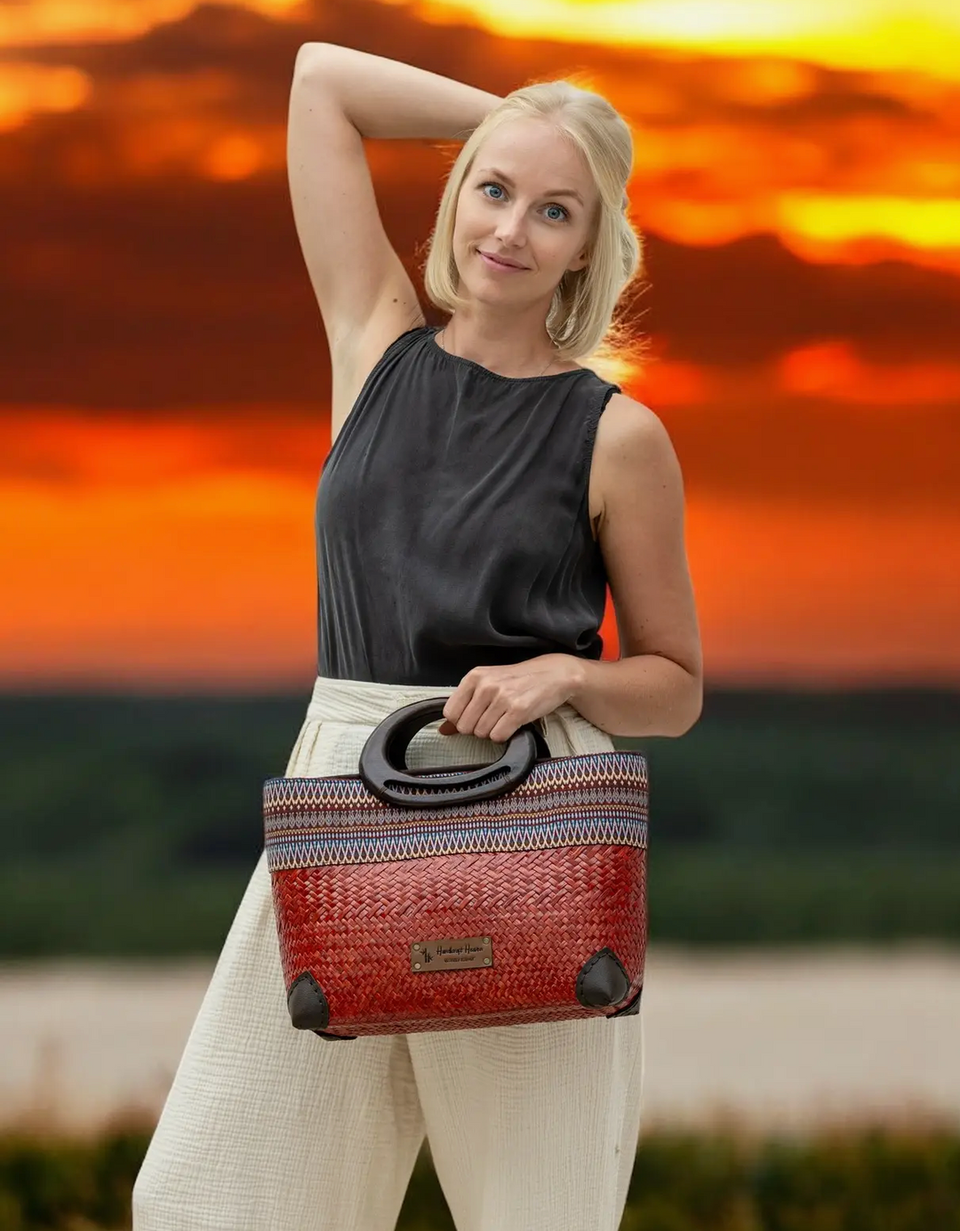 Woven Thai Krajood Bag with Wooden Handle-Natural/gray