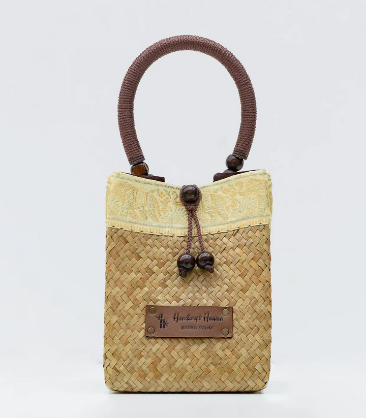 Petite Woven Straw Thai Bag with Silk Batik Accent and Woven Handle-Natural