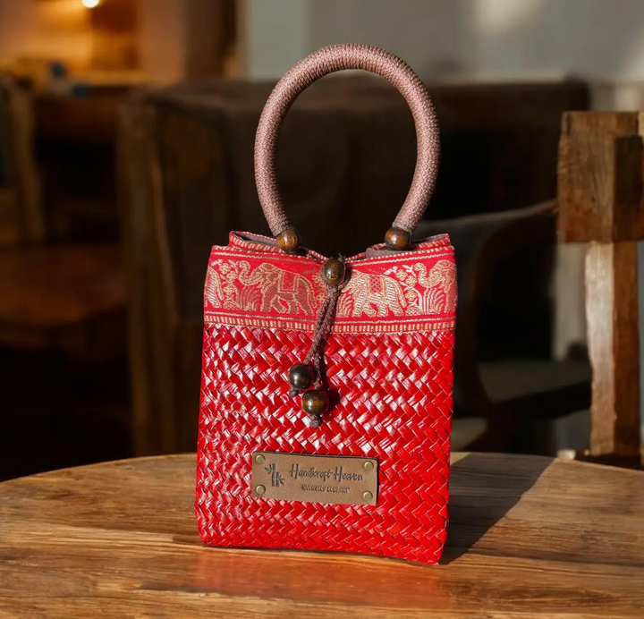 Petite Woven Straw Thai Bag with Silk Batik Accent and Woven Handle-Red