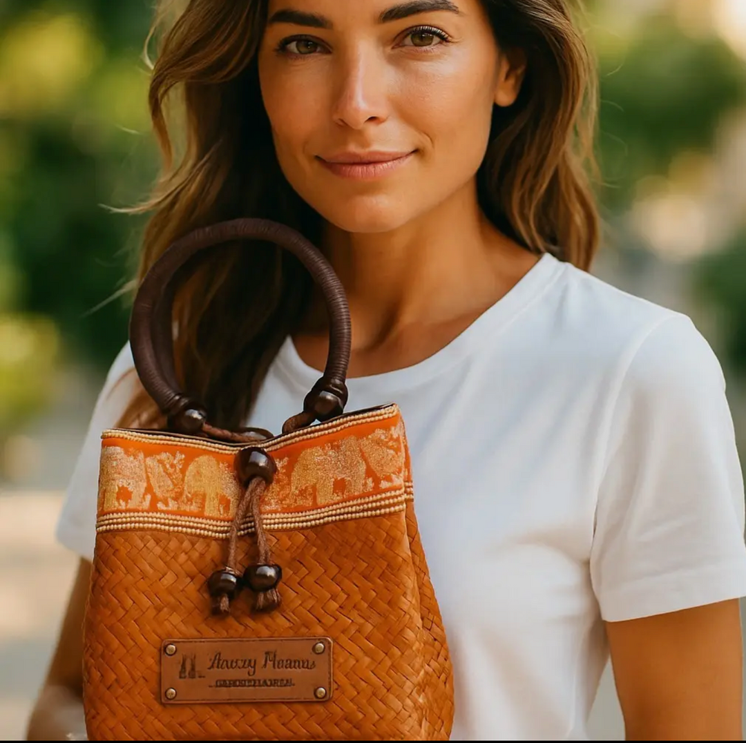 Petite Woven Straw Thai Bag with Silk Accent and Woven Handle- Orange