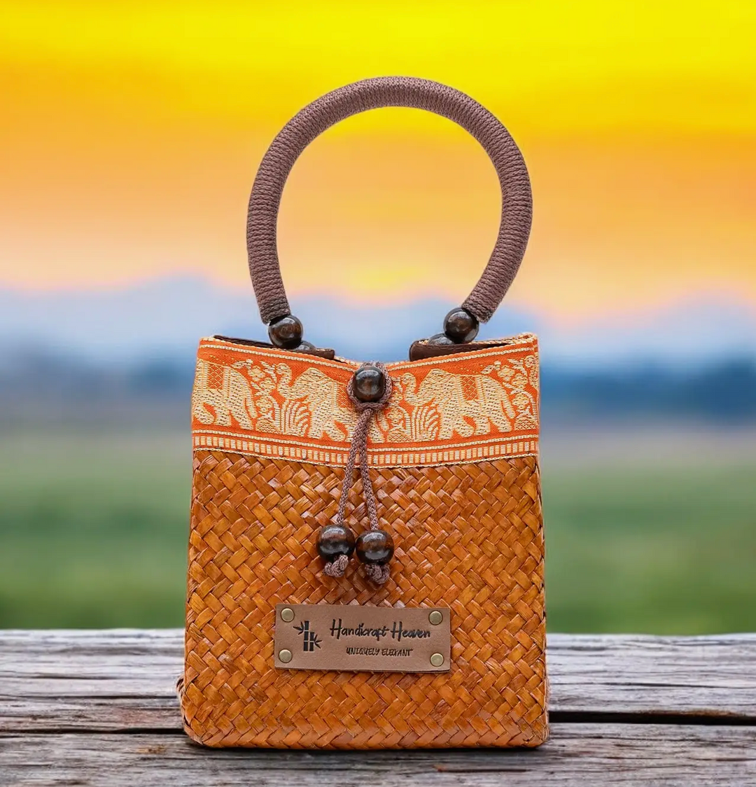 Petite Woven Straw Thai Bag with Silk Accent and Woven Handle- Orange