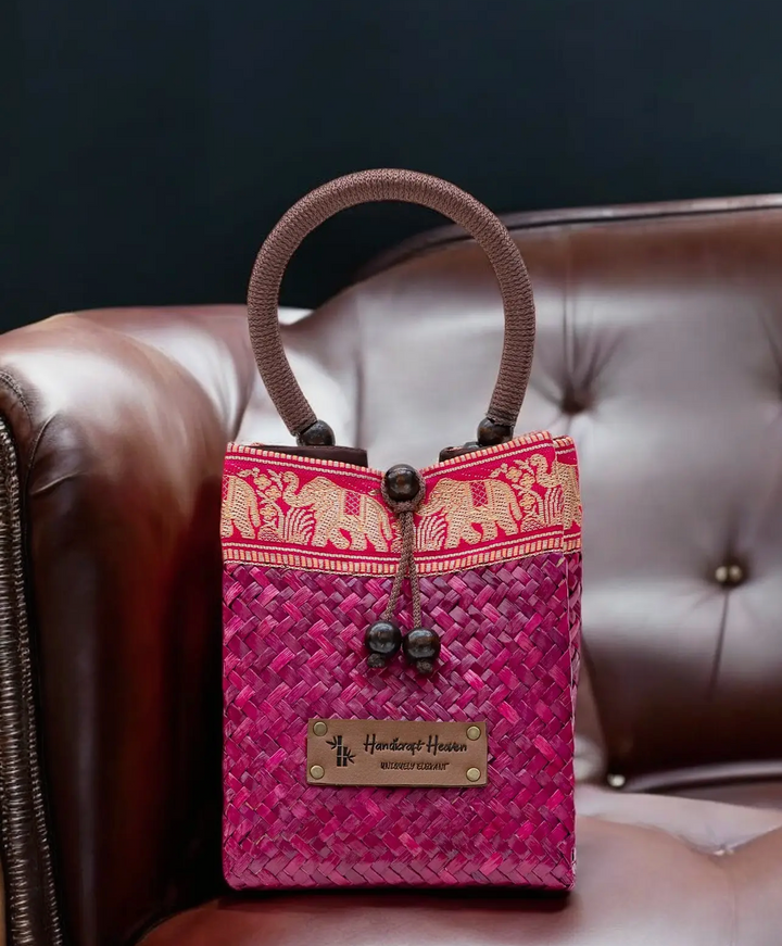 Petite Woven Straw Thai Bag with Silk Batik Accent and Woven Handle-Pink