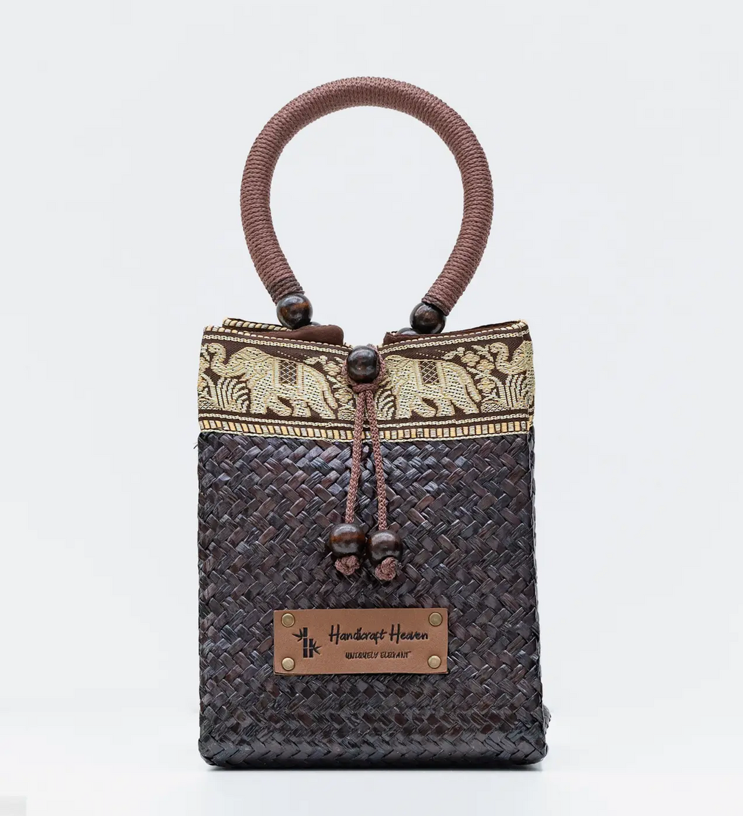 Petite Woven Straw Thai Bag with Silk Accent and Woven Handle-Mahogany