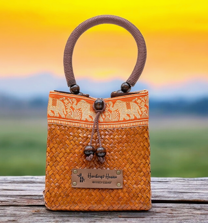 Petite Thai Straw Bag-Silk Batik Accent-Orange