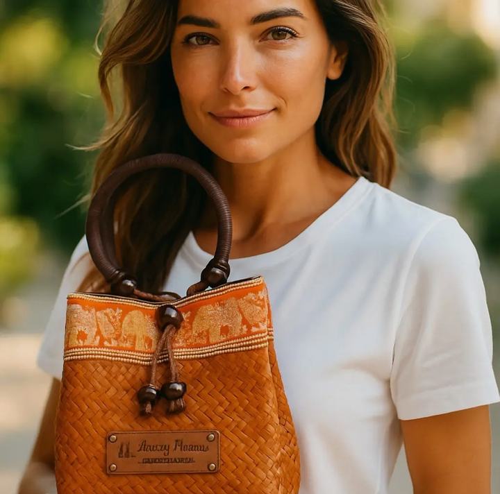 Petite Thai Straw Bag-Silk Batik Accent-Orange