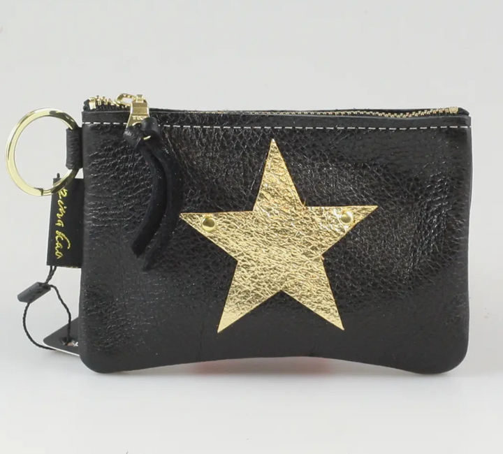Leather Hand Made Coin Purse-Black/Gold Star