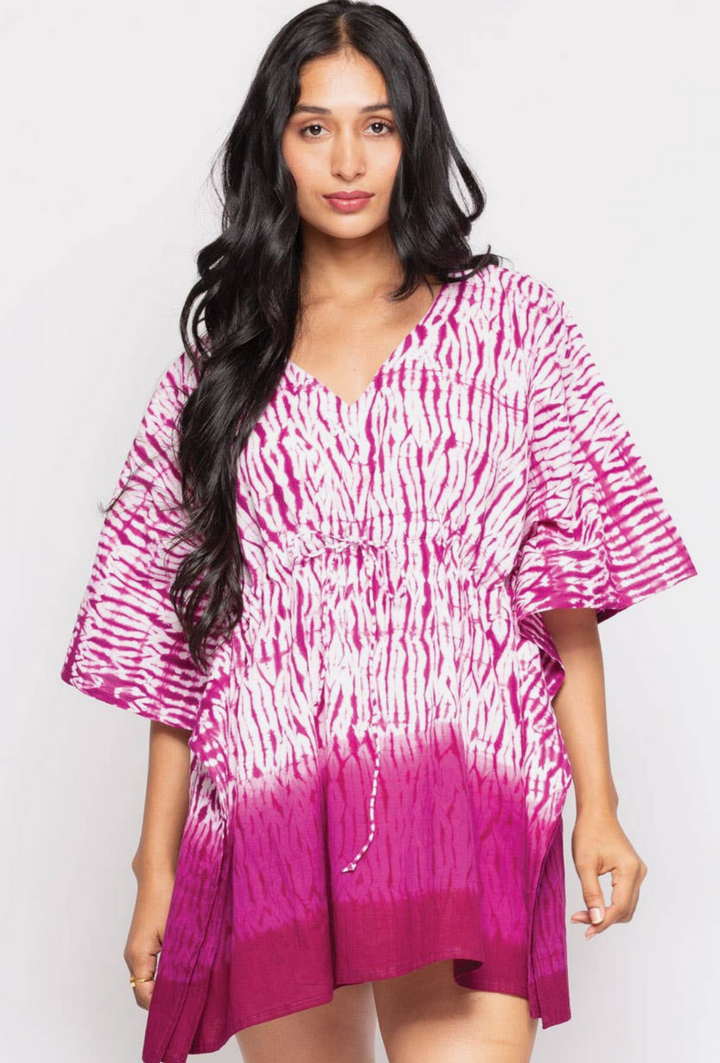 Shibori 100% Cotton Kaftan Top-Orchid and white