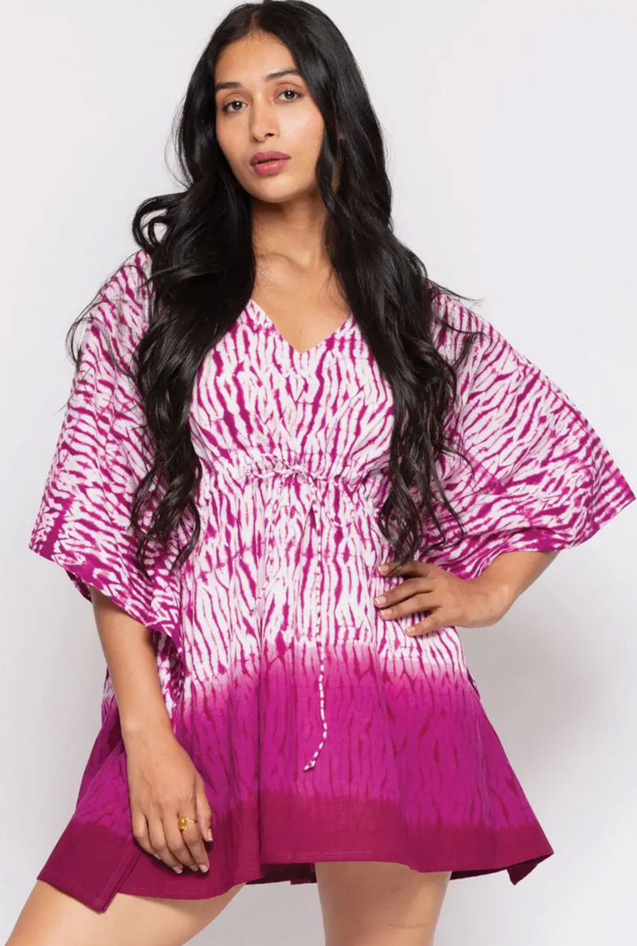 Shibori 100% Cotton Kaftan Top-Orchid and white