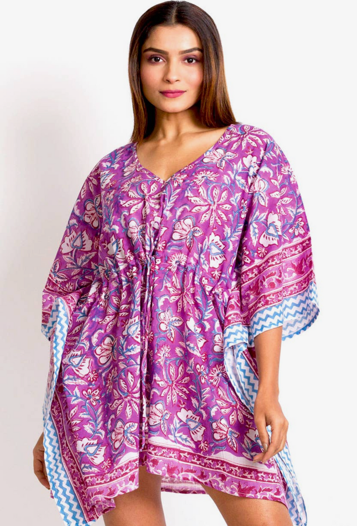 Block Printed 100% Cotton Kaftan Top-Fuchsia