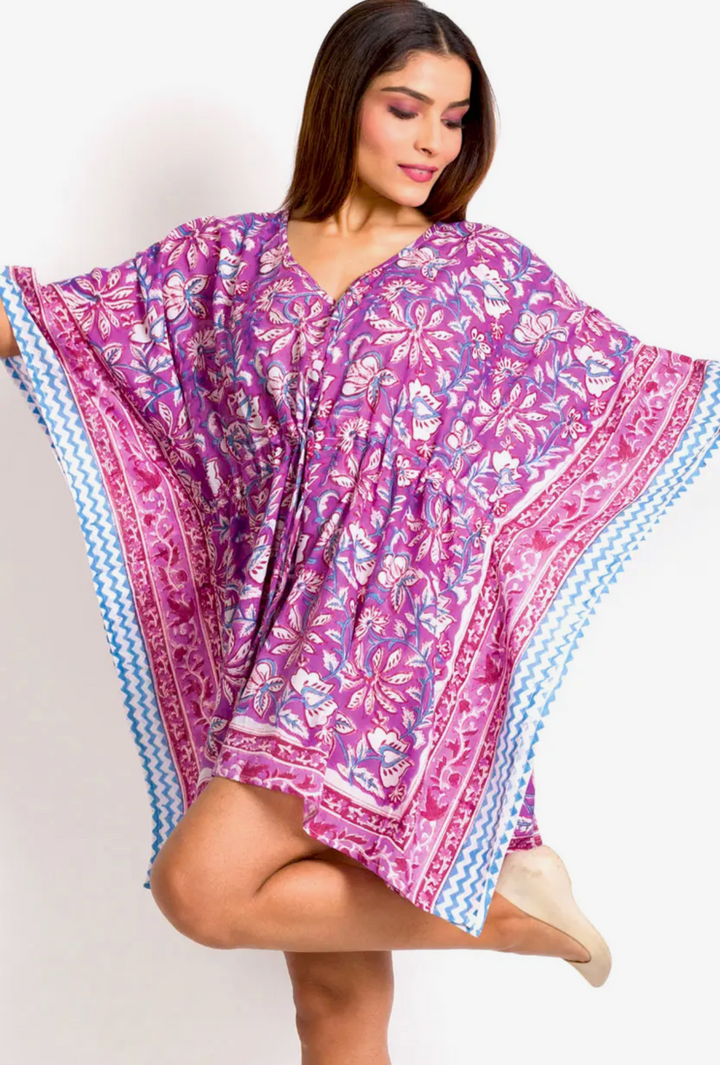 Block Printed 100% Cotton Kaftan Top-Fuchsia