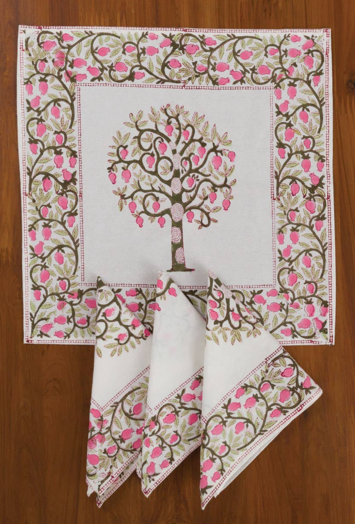 Block Printed 100% Cotton Napkin Set/4-Blooming Tree
