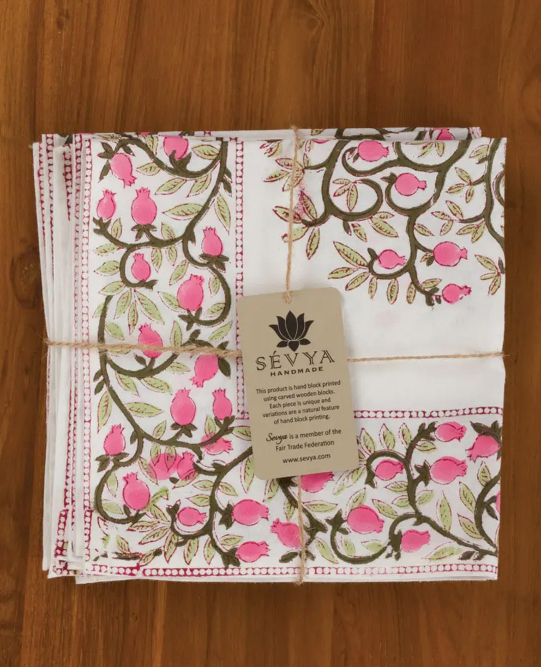Block Printed 100% Cotton Napkin Set/4-Blooming Tree
