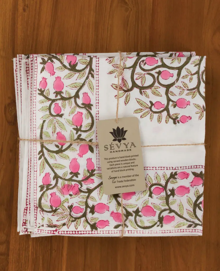 Block Printed 100% Cotton Napkin Set/4-Blooming Tree