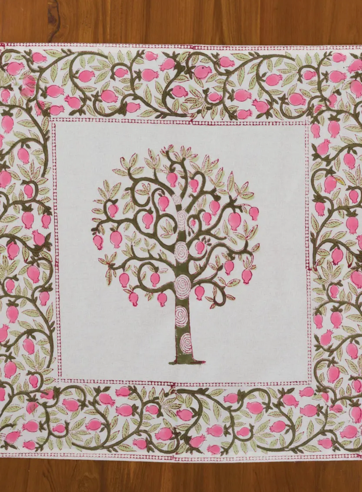 Block Printed 100% Cotton Napkin Set/4-Blooming Tree