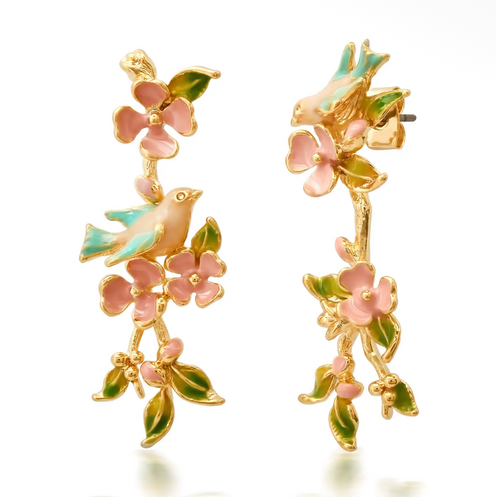 Enamel Birds and Flowers Dangle Earrings