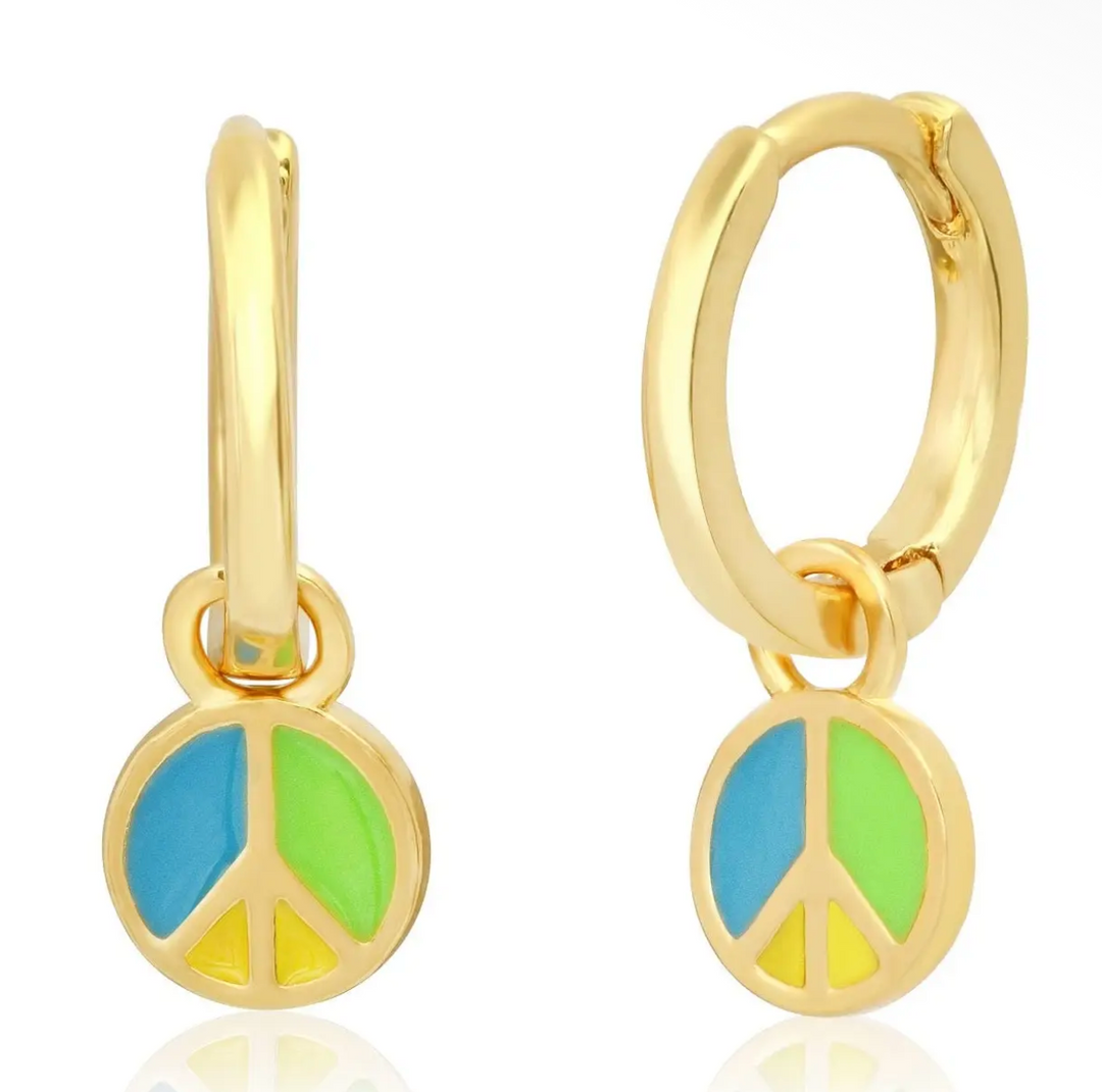 Huggies With Enamel Peace Sign Charm-Blue/green