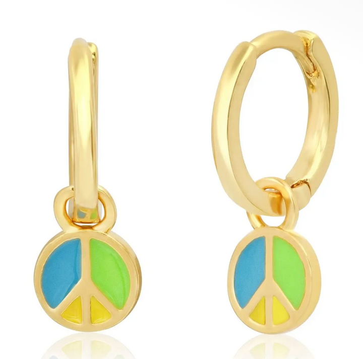 Huggies With Enamel Peace Sign Charm-Blue/green