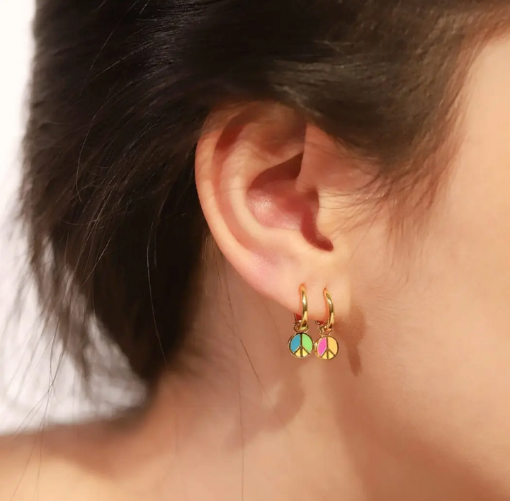 Huggies Enamel Peace Sign Earring-Pink/Yellow