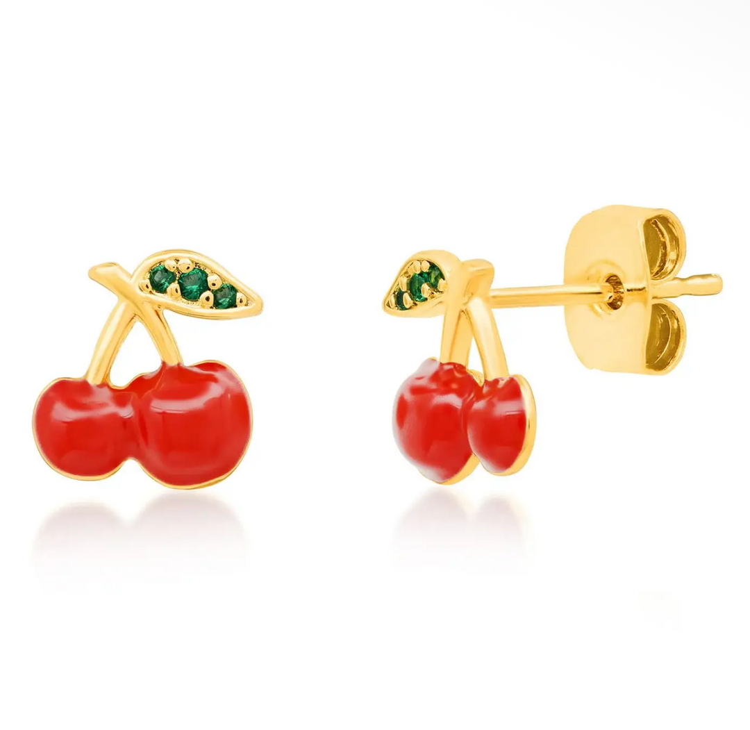 Red Cherry Stud Earrings in Enamel and Green Cz Accents