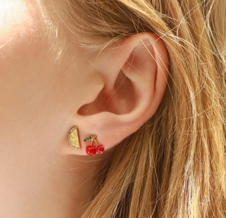 Red Cherry Stud Earrings in Enamel and Green Cz Accents