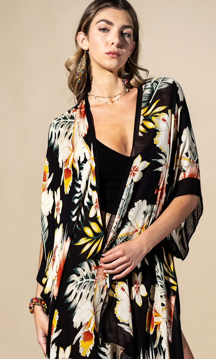 Kimono Top-Tropical Garden Black