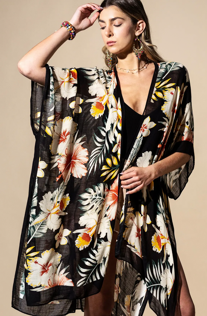 Kimono Top-Tropical Garden Black