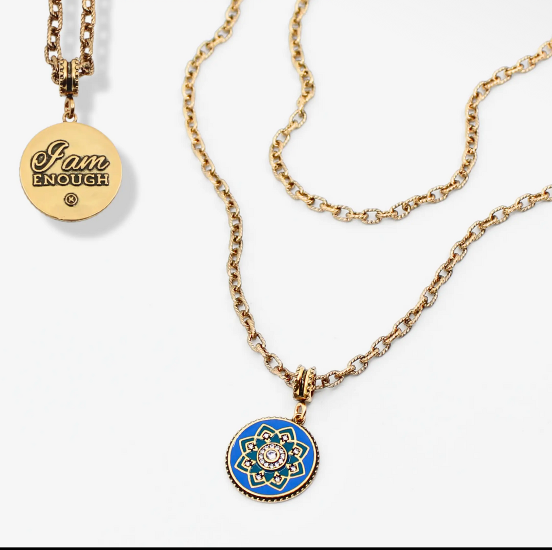 I Am Enough Blue Enamel Mandala Pendant Necklace